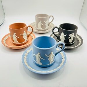 Set Of 4 Wedgewood Jasperware Dancing Hour Demitasse Cups & Saucers Rare Colors